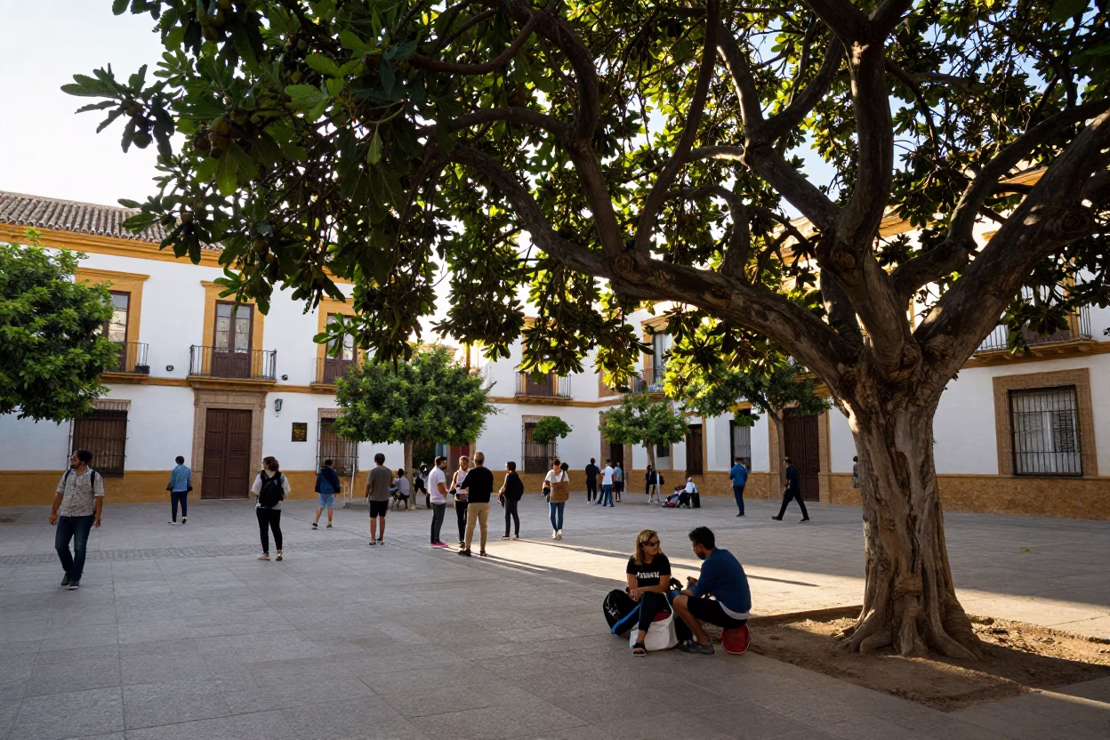 Late Afternoon Street Scene in Valencia Spain with Fig Tree and Umbrellas in in Valencia, Spain