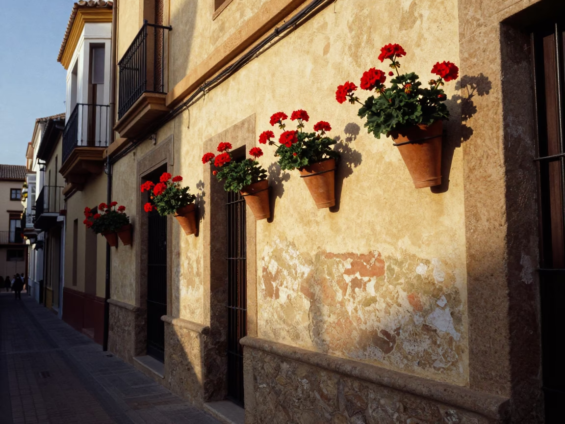 Late Afternoon Street Scene in Valencia Spain with Geraniums and Local Daily Life in in Valencia, Spain