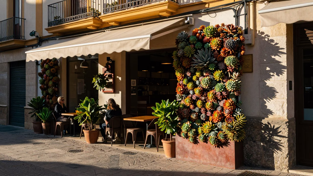 Late Afternoon Street Scene in Valencia Spain with Living Wall Succulents and Cafe Exterior in in Valencia, Spain