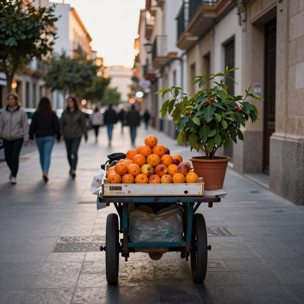 Late Afternoon Street Scene in Valencia Spain with Nectarines and Fig Tree in in Valencia, Spain