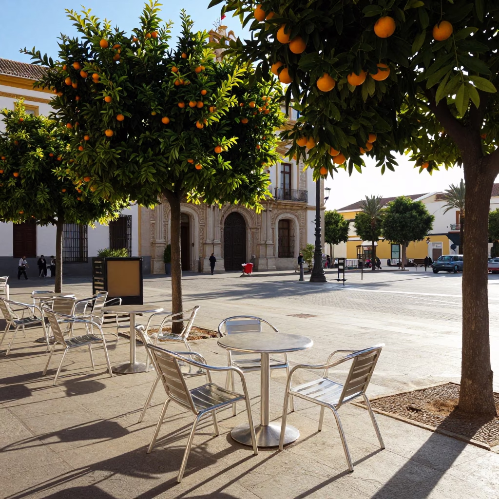 Late Afternoon Street Scene in Valencia Spain with Outdoor Cafe Seating in in Valencia, Spain