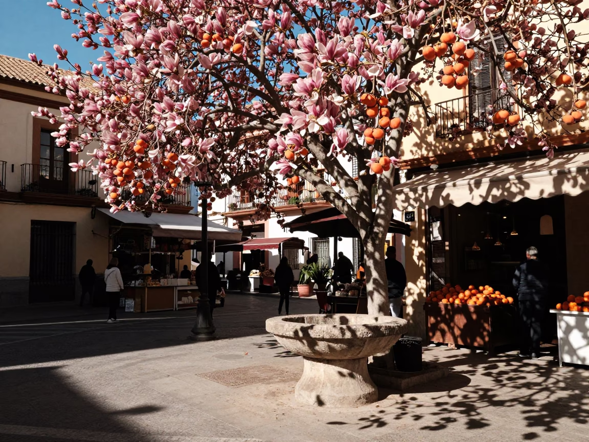 Late Afternoon Street Scene in Valencia Spain with Persimmons and Magnolia Bloom in in Valencia, Spain