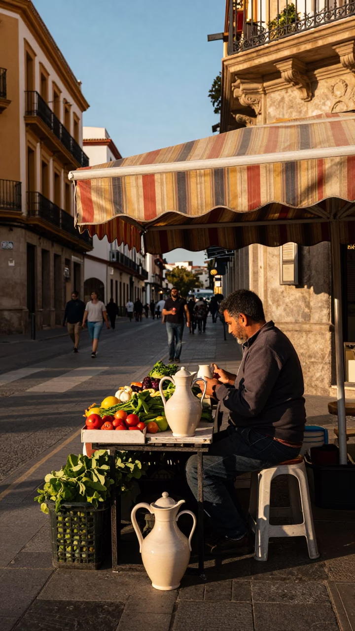 Late Afternoon Street Scene in Valencia Spain with Pitcher and Tea Stains in in Valencia, Spain