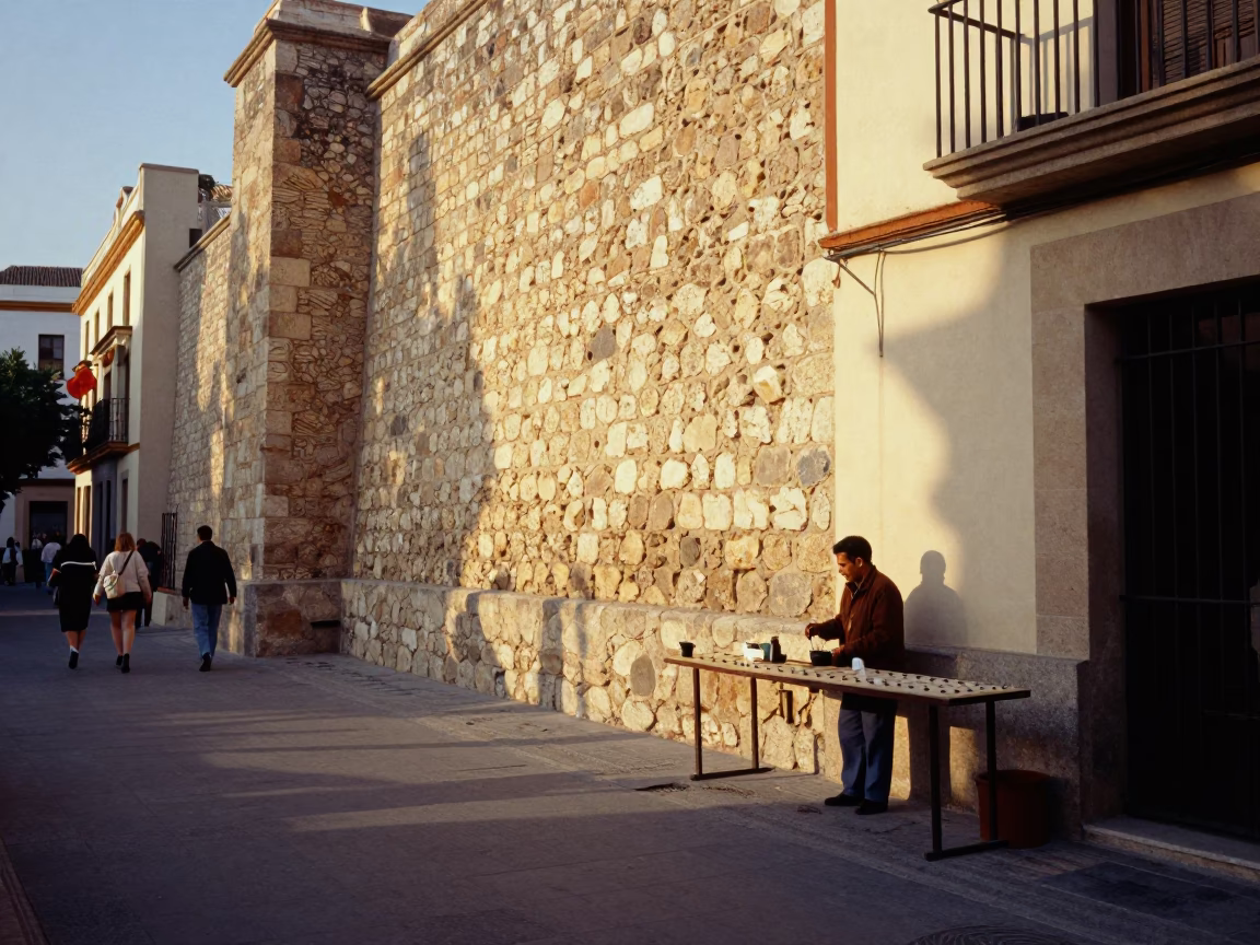 Late Afternoon Street Scene in Valencia Spain with Stone Walls and Urban Life in in Valencia, Spain
