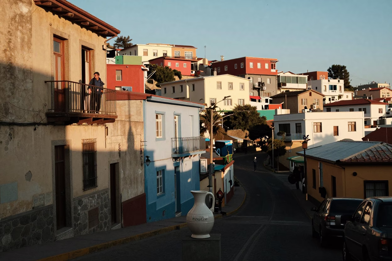 Late Afternoon Street Scene in Valparaiso Chile with Ceramic Pitcher on Balcony in in Valparaiso, Chile