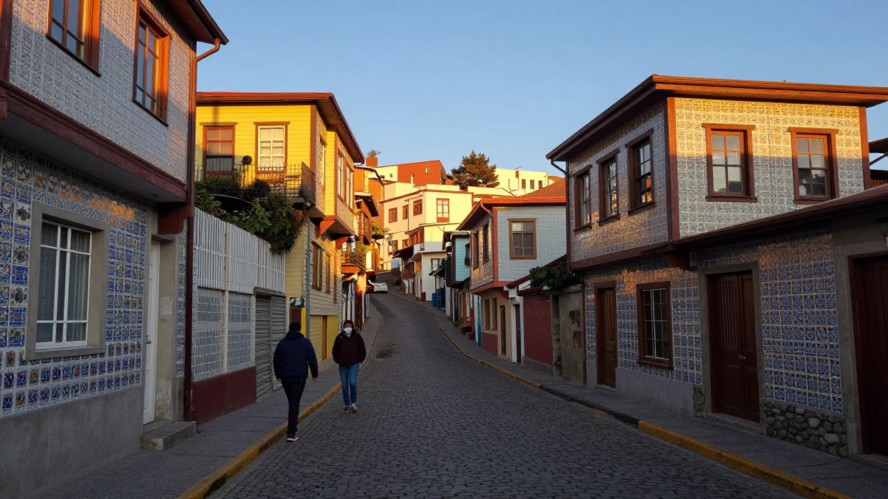 Late Afternoon Street Scene in Valparaiso Chile with Ceramic Tiles and Viaduct Shadow in in Valparaiso, Chile