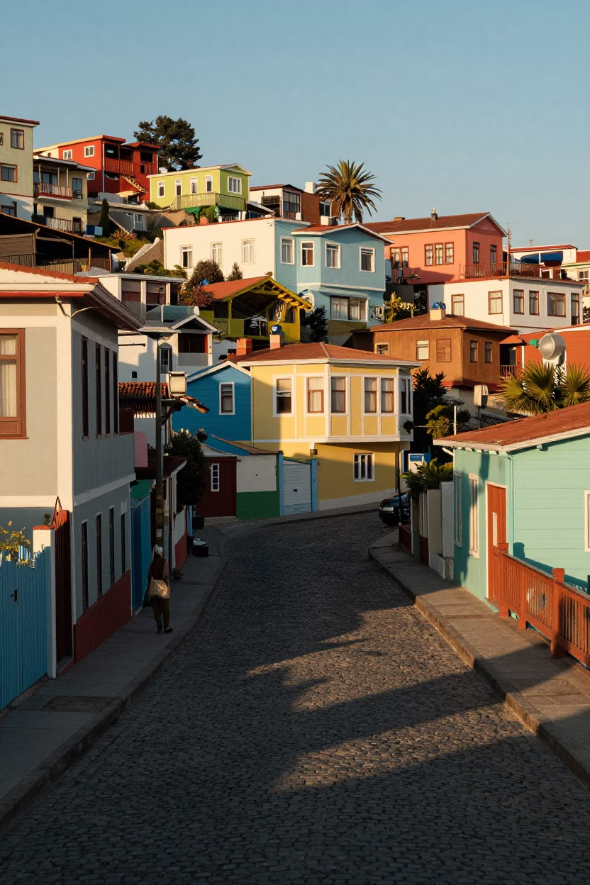 Late Afternoon Street Scene in Valparaiso Chile with Colorful Hillside Houses and Local Life in in Valparaiso, Chile