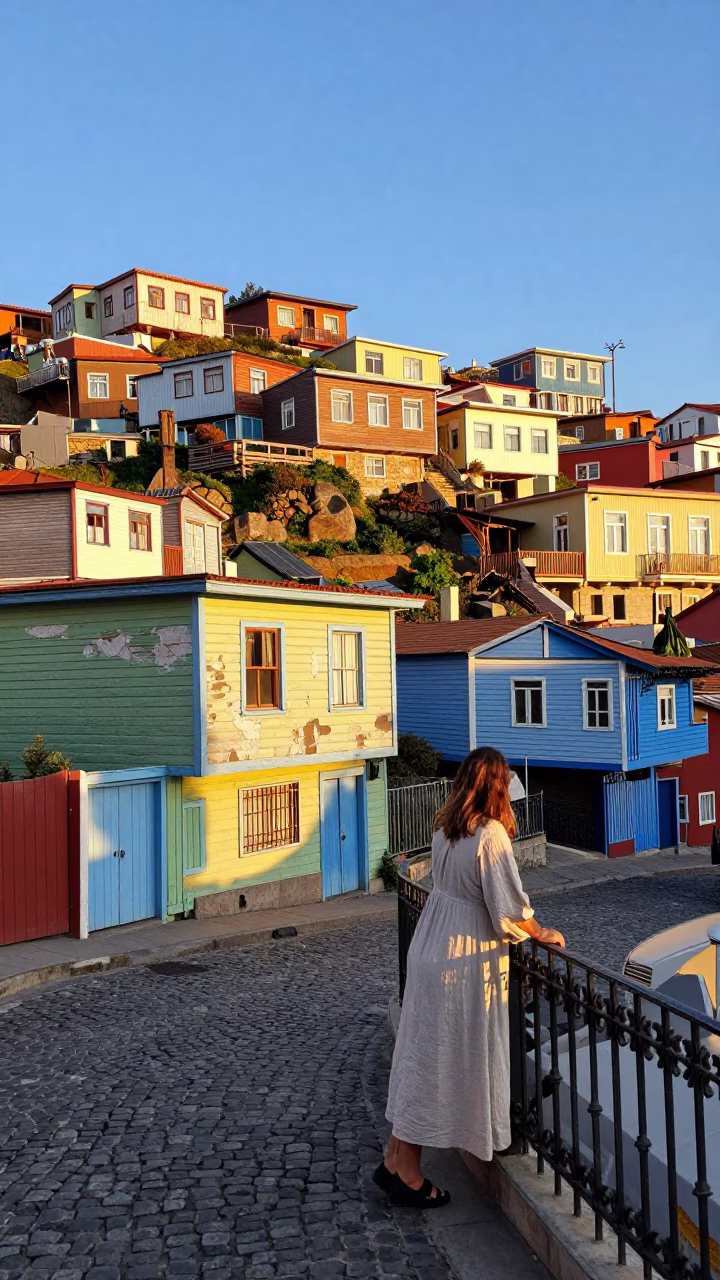 Late Afternoon Street Scene in Valparaiso Chile with Colorful Hillside Houses and Vintage Details in in Valparaiso, Chile
