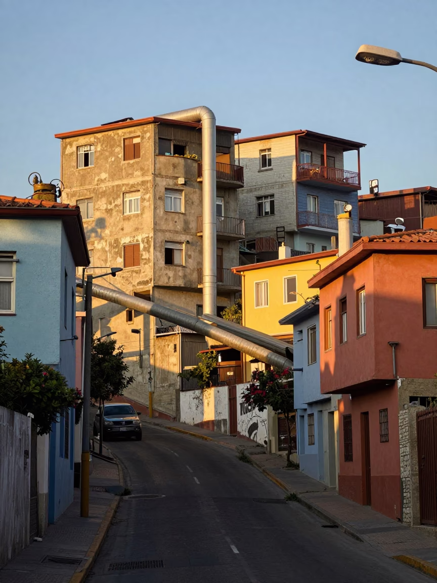 Late Afternoon Street Scene in Valparaiso Chile with District Heating Pipes and Concrete Architecture in in Valparaiso, Chile
