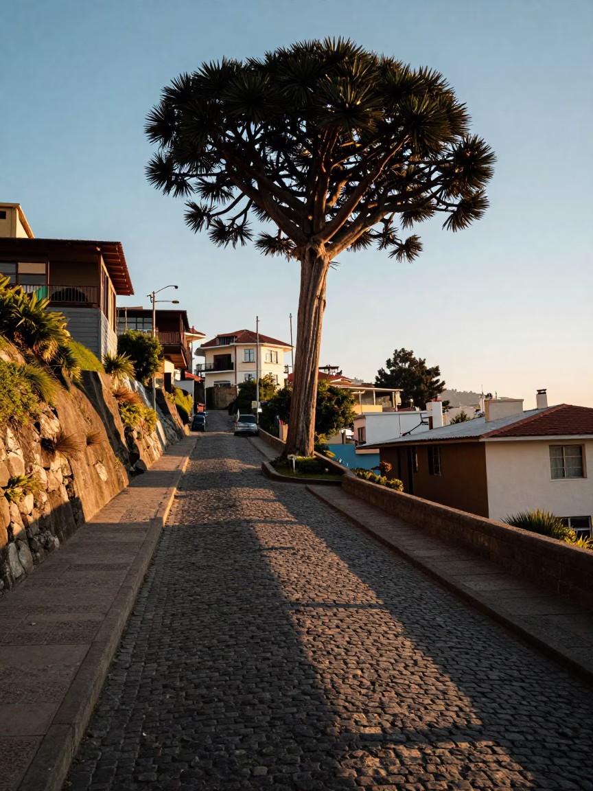 Late Afternoon Street Scene in Valparaiso Chile with Monkey Puzzle Tree Shadows in in Valparaiso, Chile