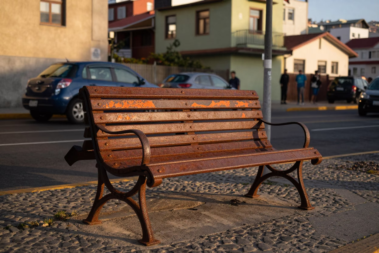 Late Afternoon Street Scene in Valparaiso Chile with Rusty Bench and Paint Flecks in in Valparaiso, Chile