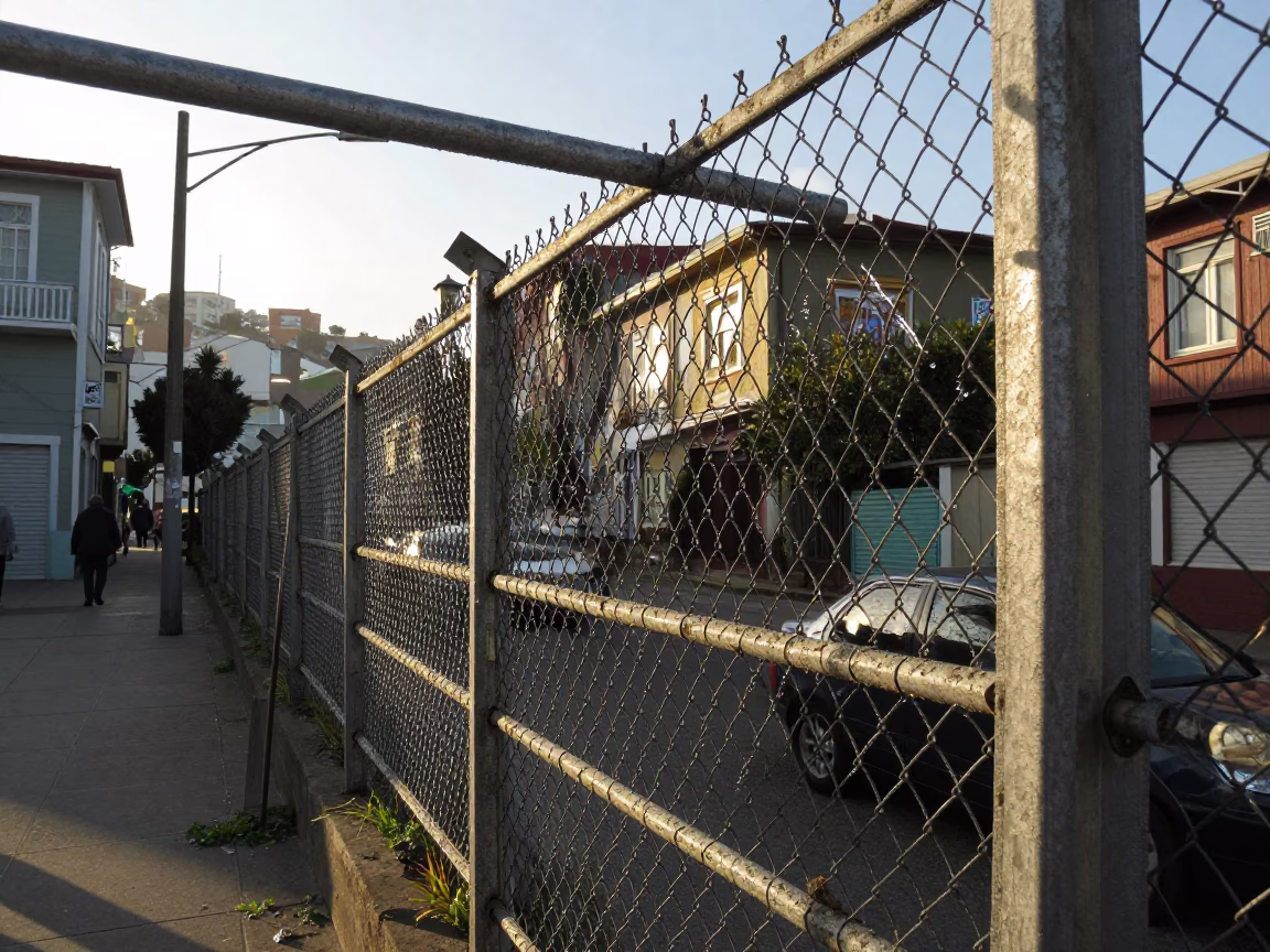 Late Afternoon Street Scene in Valparaiso Chile with Substation Fence and Warning Placards in in Valparaiso, Chile