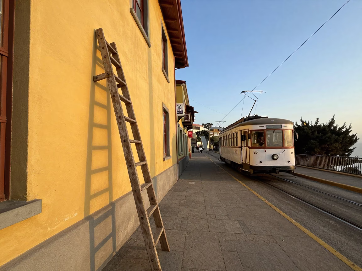Late Afternoon Street Scene in Valparaiso Chile with Tramcar and Ladder in in Valparaiso, Chile