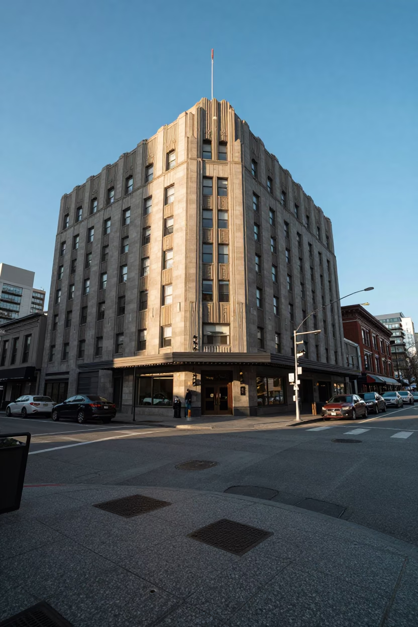 Late Afternoon Street Scene in Vancouver British Columbia with Art Deco Hotel Facade in in Vancouver, British Columbia, Canada