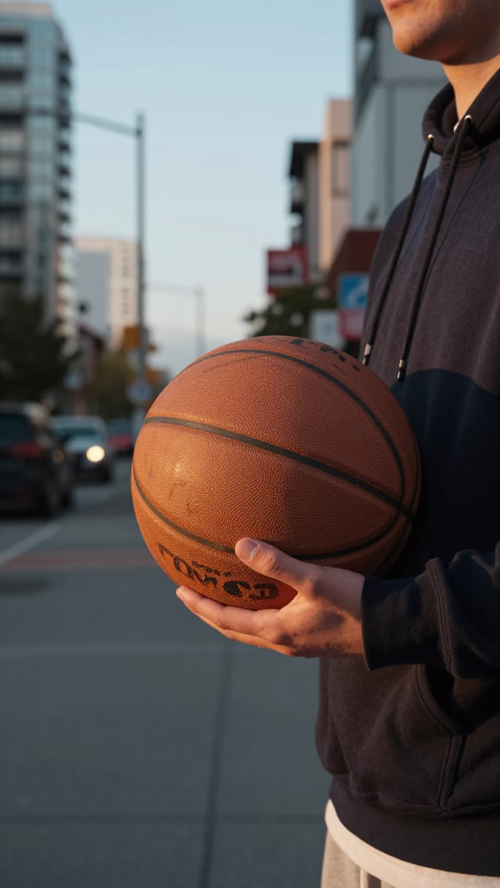 Late Afternoon Street Scene in Vancouver with Leather Basketball and Urban Architecture in in Vancouver, British Columbia, Canada