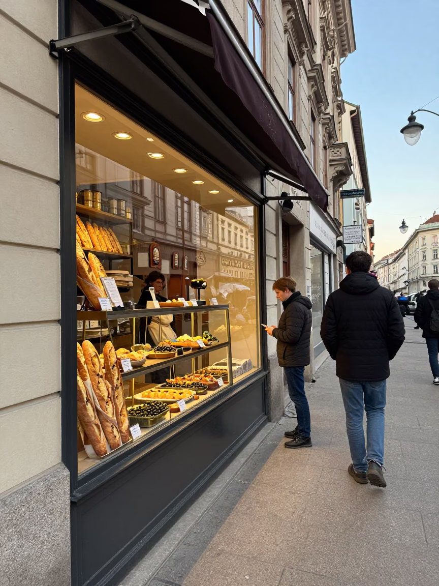 Late Afternoon Street Scene in Vienna Austria with Baguettes and Olive Dish in in Vienna, Austria