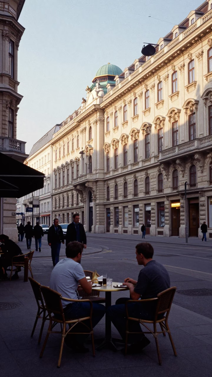 Late Afternoon Street Scene in Vienna Austria with Cafe Table and Tea in in Vienna, Austria
