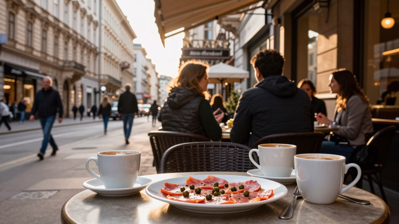 Late Afternoon Street Scene in Vienna Austria with Coffee Mugs and Vitello Tonnato in in Vienna, Austria