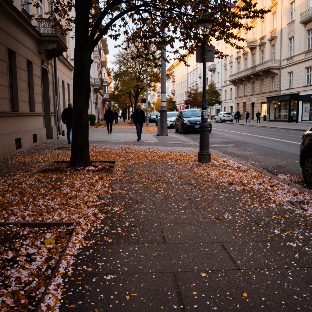 Late Afternoon Street Scene in Vienna Austria with Fallen Petals on Cobblestone Path in in Vienna, Austria