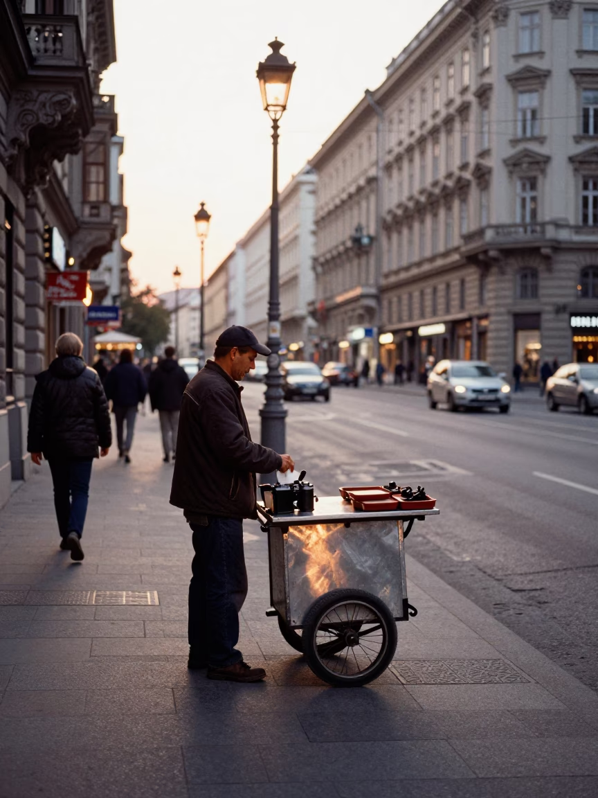 Late Afternoon Street Scene in Vienna Austria with Rolling Carts and Urban Details in in Vienna, Austria
