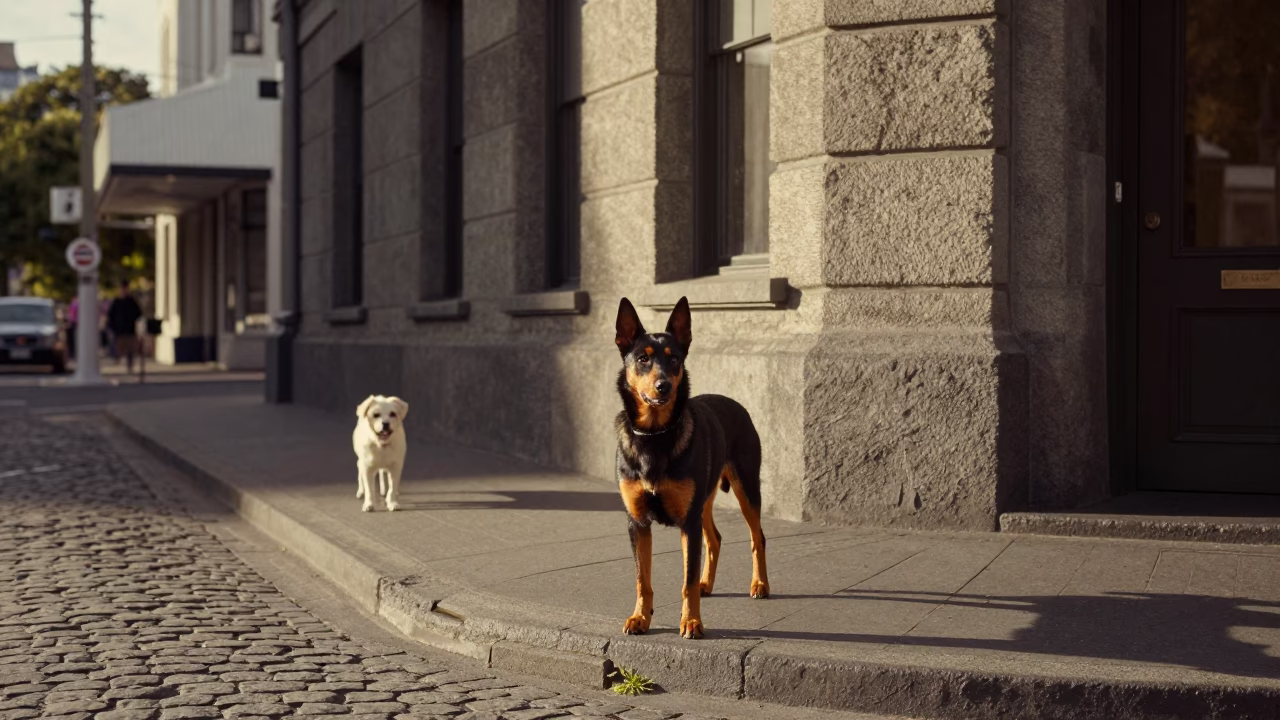 Late Afternoon Street Scene in Wellington New Zealand with Beauceron Dog and Urban Architecture in in Wellington, New Zealand