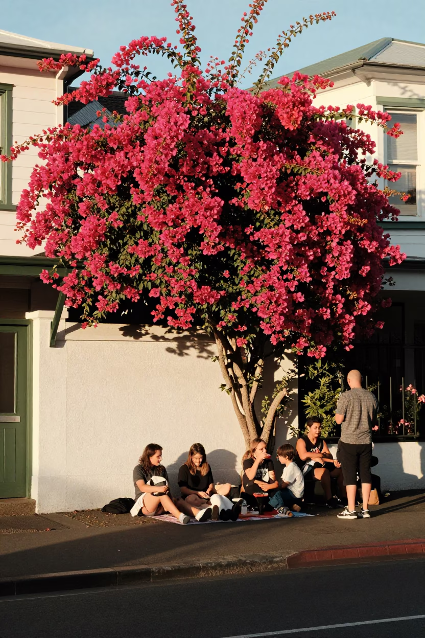 Late Afternoon Street Scene in Wellington New Zealand with Bougainvillea and Picnic Blanket in in Wellington, New Zealand