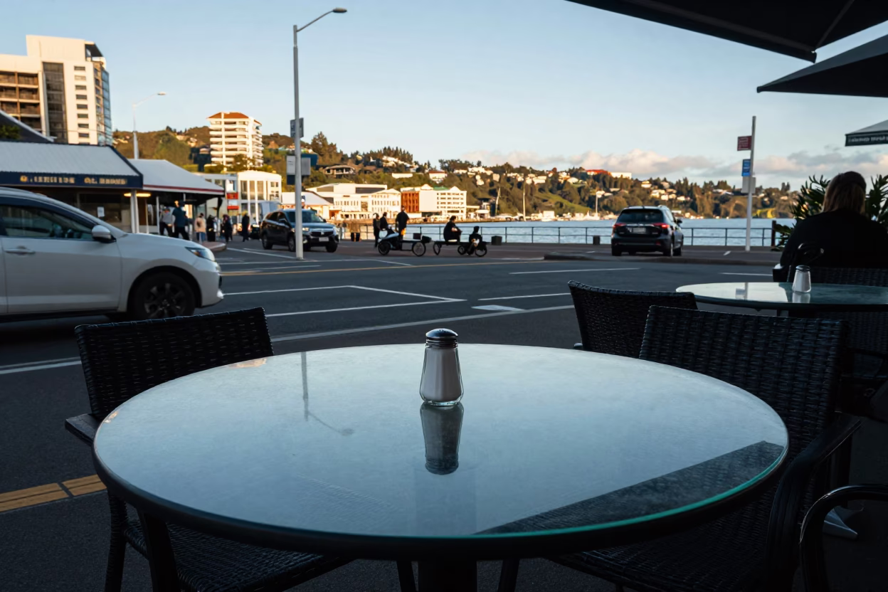 Late Afternoon Street Scene in Wellington New Zealand with Clear Glass Tabletop and Scarf in in Wellington, New Zealand