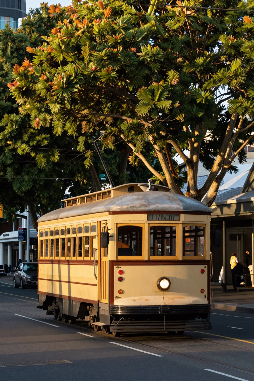 Late Afternoon Street Scene in Wellington New Zealand with Vintage Tram and Cobblestone Pavement in in Wellington, New Zealand