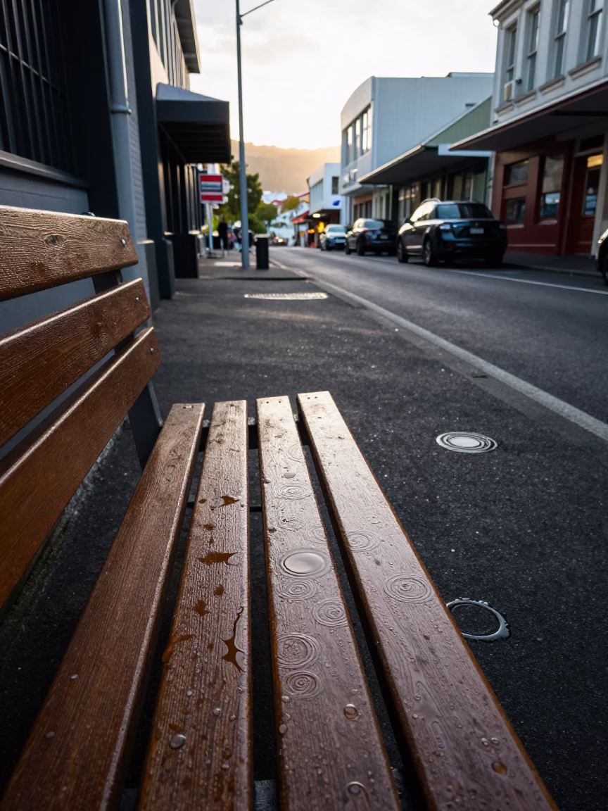 Late Afternoon Street Scene in Wellington New Zealand with Water Rings and Twine in in Wellington, New Zealand