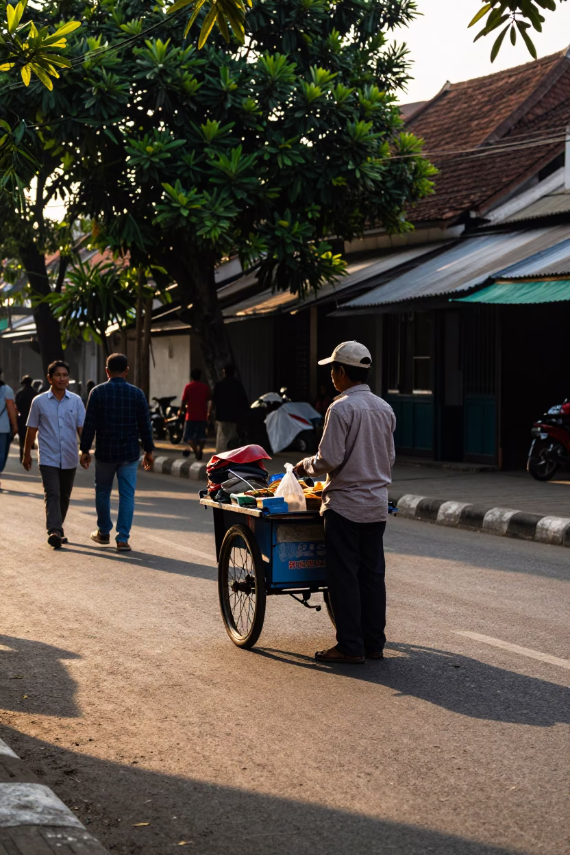 Late Afternoon Street Scene in Yogyakarta Indonesia with Local Vendor and Lantern in in Yogyakarta, Indonesia