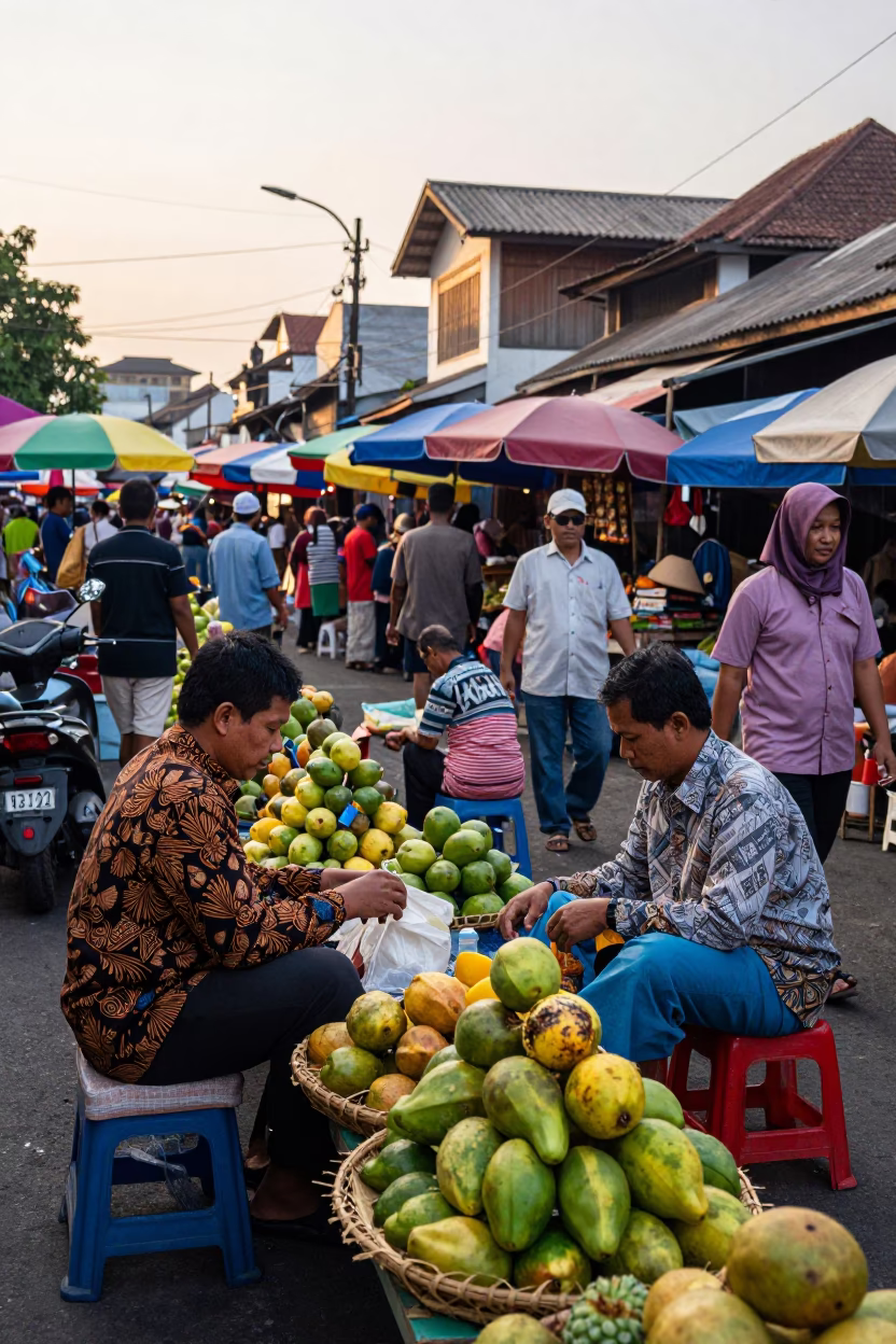 Late Afternoon Street Scene in Yogyakarta Indonesia with Local Vendors and Traditional Market Activity in in Yogyakarta, Indonesia