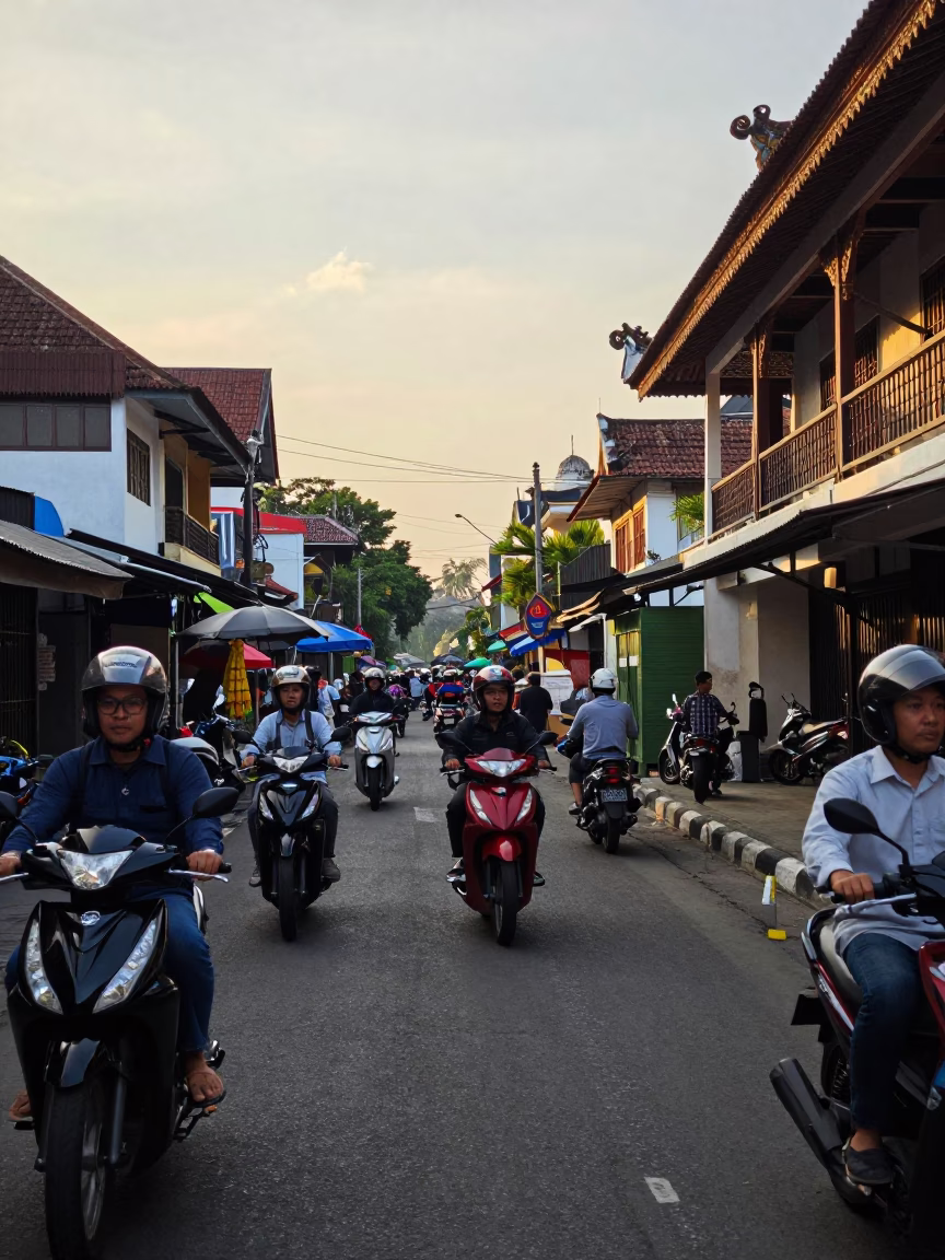Late Afternoon Street Scene in Yogyakarta Indonesia with Motorbikes and Local Market Activity in in Yogyakarta, Indonesia