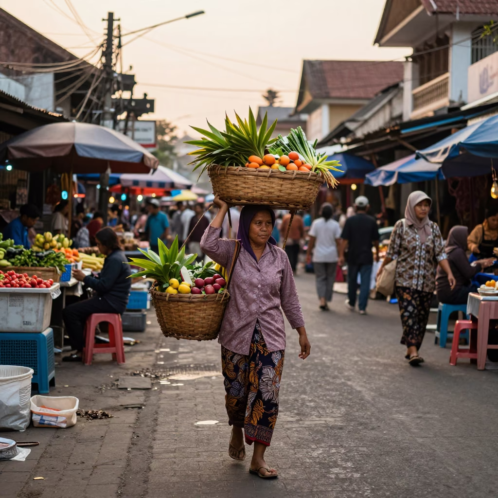 Late Afternoon Street Scene in Yogyakarta Indonesia with Traditional Market Activity in in Yogyakarta, Indonesia