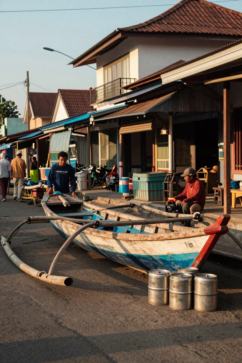 Late Afternoon Street Scene in Yogyakarta Indonesia with Wooden Fishing Boat and Canisters in in Yogyakarta, Indonesia