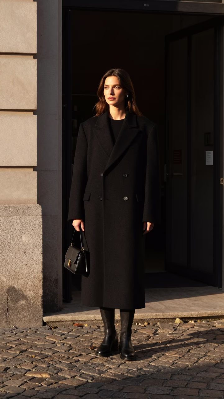 Late Afternoon Street Style in Milan Italy High Fashion Portrait with Architectural Details in in Milan, Italy
