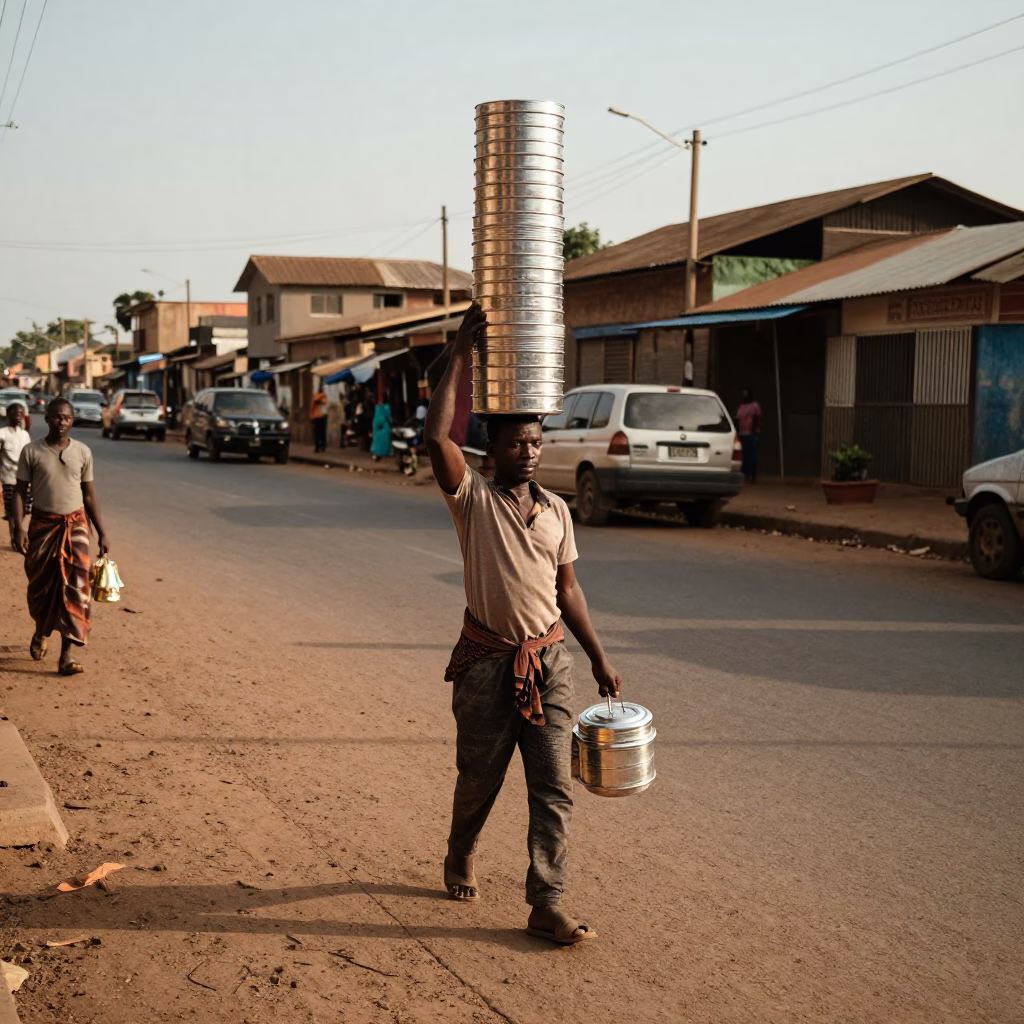 Late Afternoon Street Vendor in Accra Ghana Selling Tiffin Tin and Strawberries in in Accra, Ghana