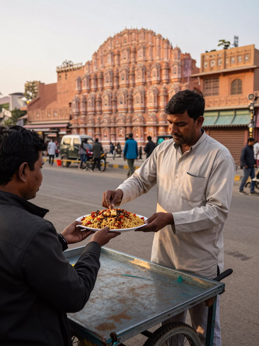 Late Afternoon Street Vendor in Jaipur India with Koshari Plate and Blueberries in in Jaipur, India