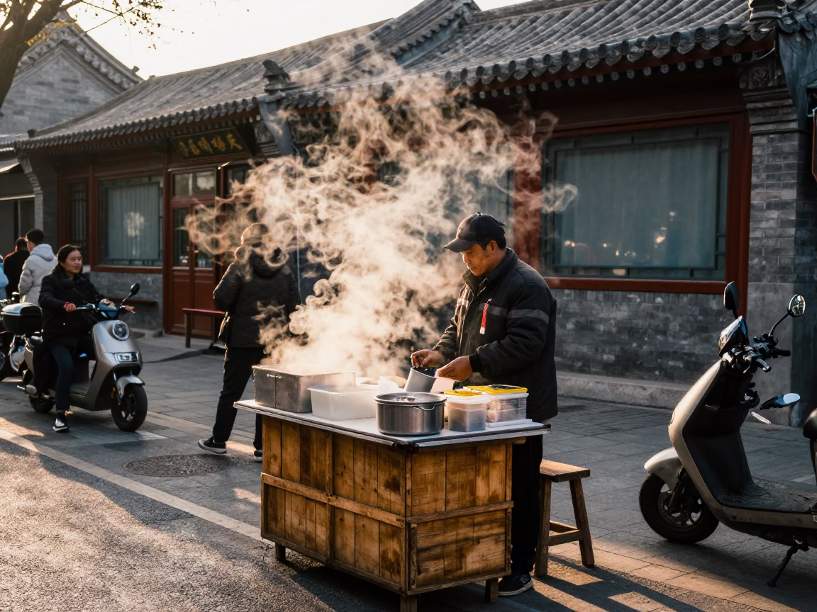 Late Afternoon Street Vendor Scene in Beijing China with Steam and Wooden Crate in in Beijing, China