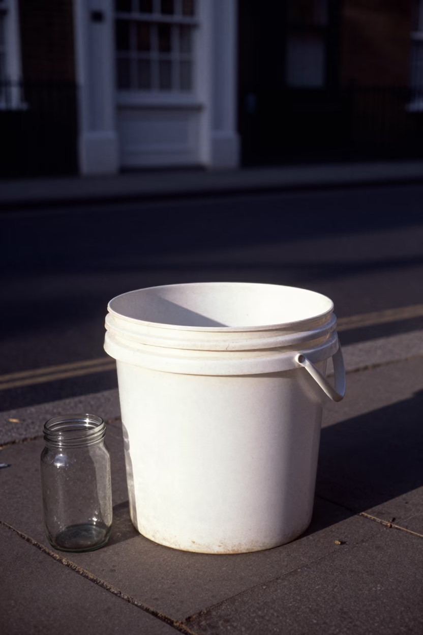 Late afternoon sun stripe across bucket lip on London street with jar in in London, United Kingdom