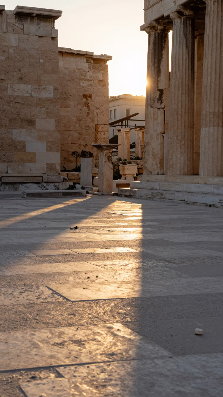 Late afternoon sun stripe across runner in Athens Greece courtyard with ancient stone walls in in Athens, Greece