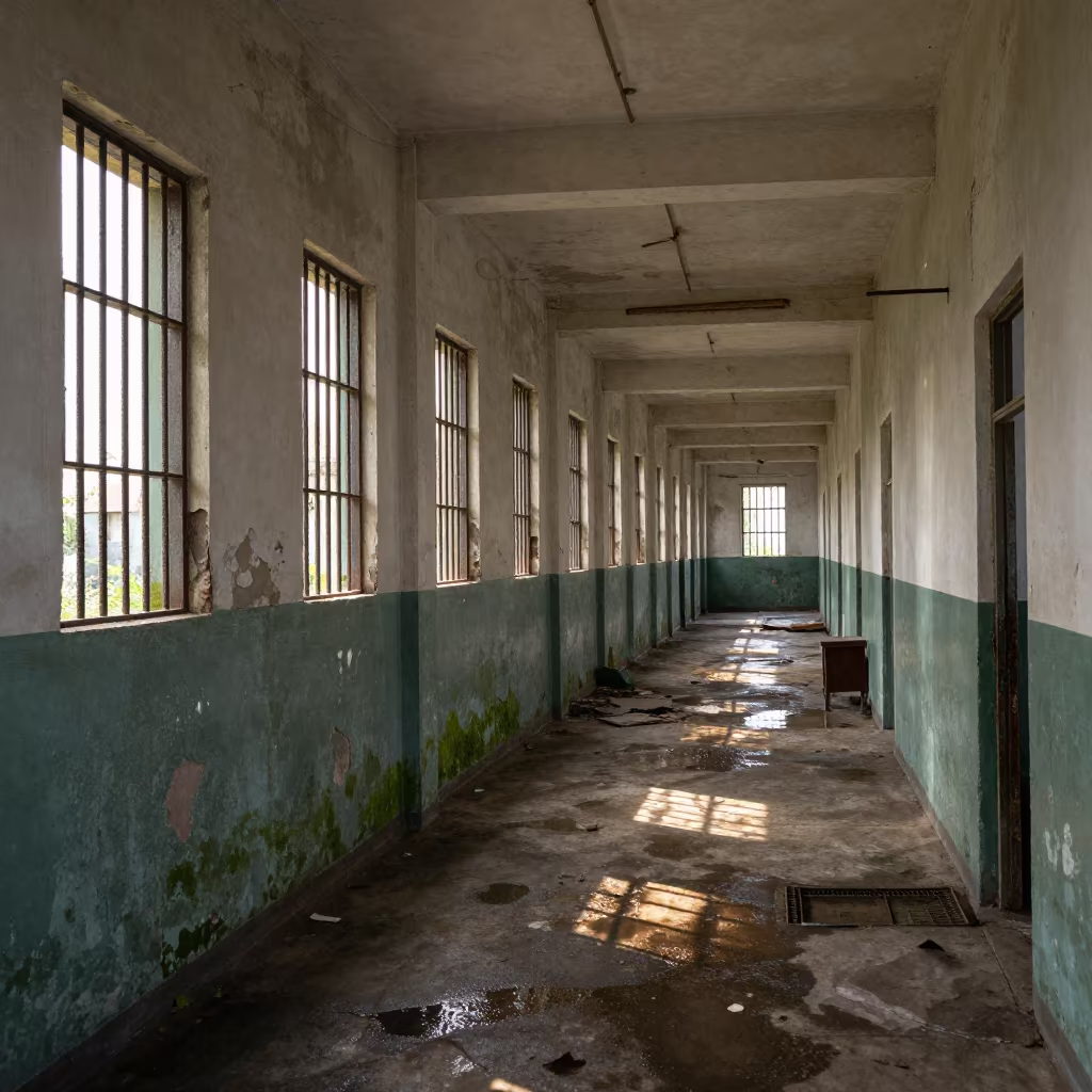 Late Afternoon Sun Strips Through Mawlamyine Prison Corridor in along a derelict corridor with peeled paint and pooled water in Mawlamyine