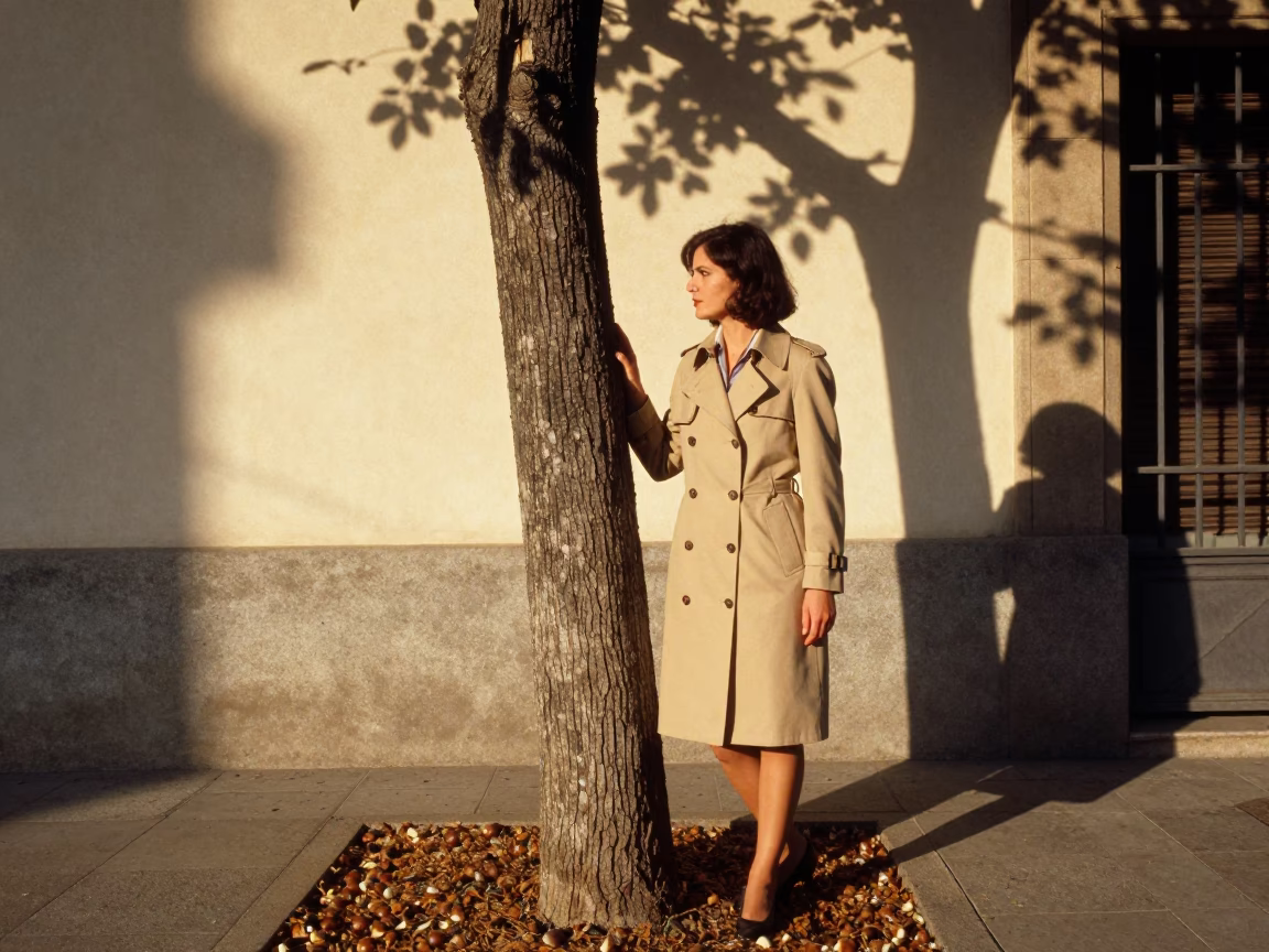 Late Afternoon Sunlight and Chestnut Husks on Barcelona Street Corner in in Barcelona, Spain