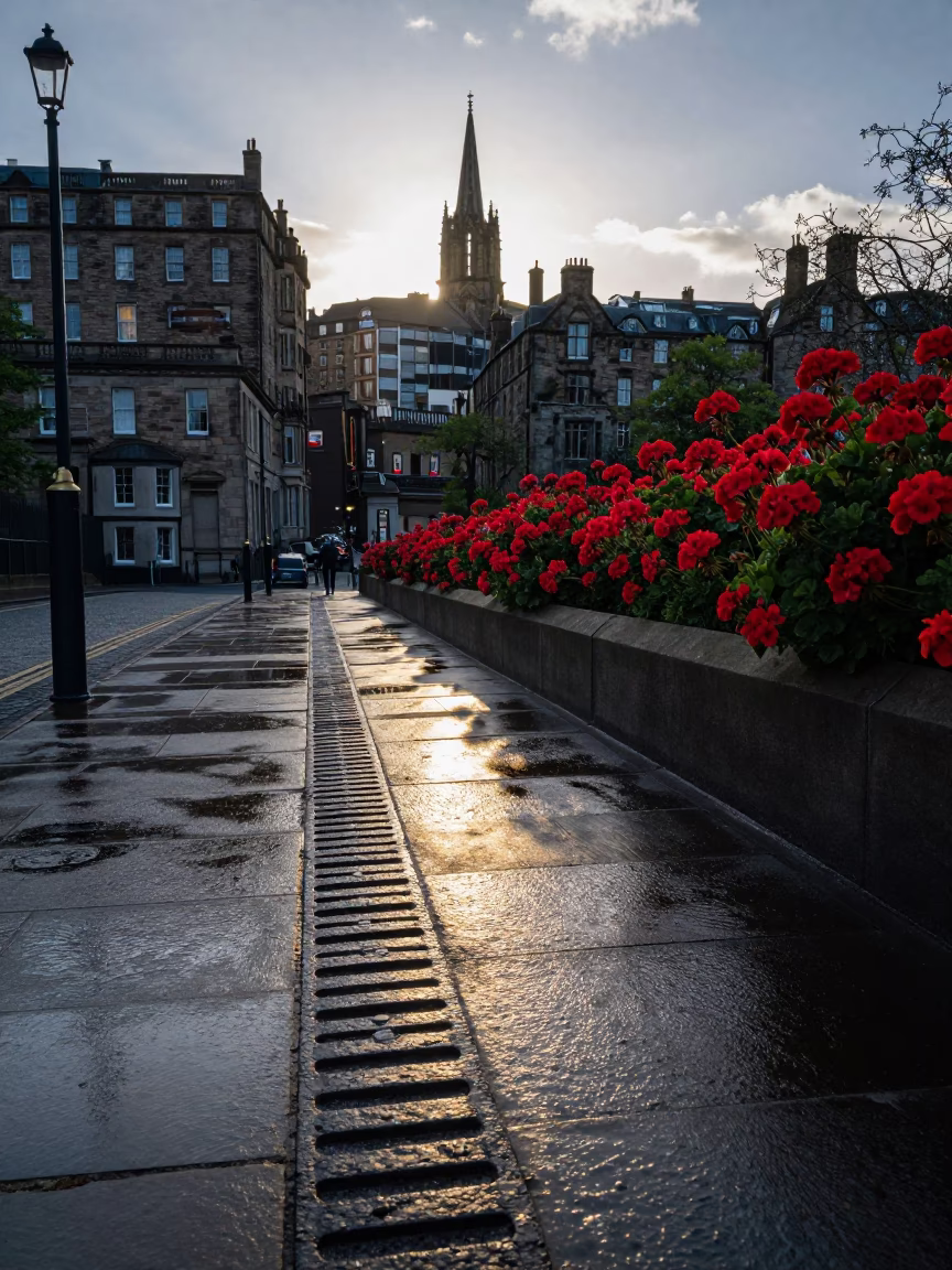 Late Afternoon Sunlight and Geraniums in Edinburgh Scotland Urban Landscape in in Edinburgh, United Kingdom