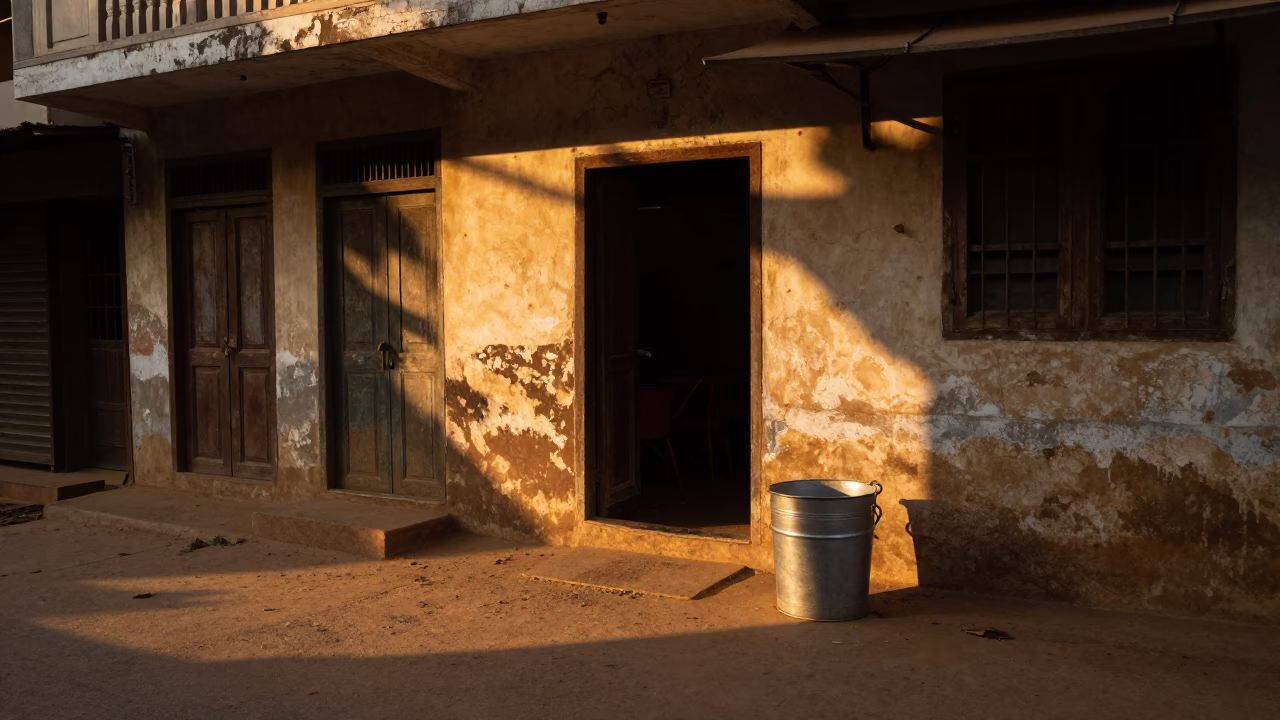 Late Afternoon Sunlight and Metal Bucket in Phnom Penh Cambodia Street Scene in in Phnom Penh, Cambodia