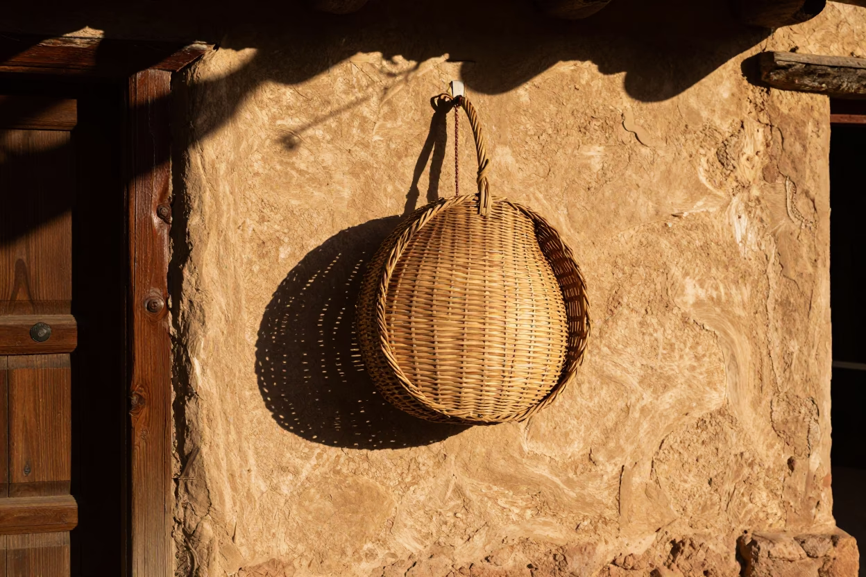 Late Afternoon Sunlight and Wicker Shadows on Oaxaca Wooden Door Frame in in Oaxaca, Mexico