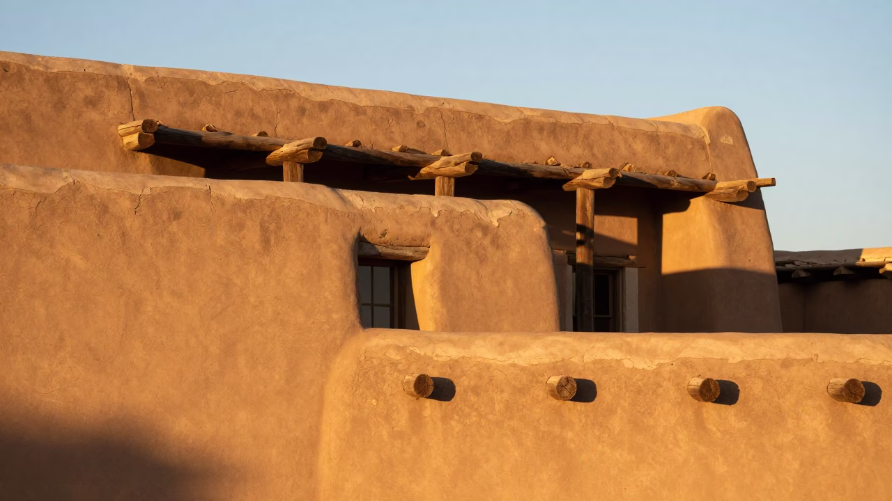 Late Afternoon Sunlight Illuminating Adobe Walls and Clay Pottery in Santa Fe New Mexico in in Santa Fe, New Mexico, United States