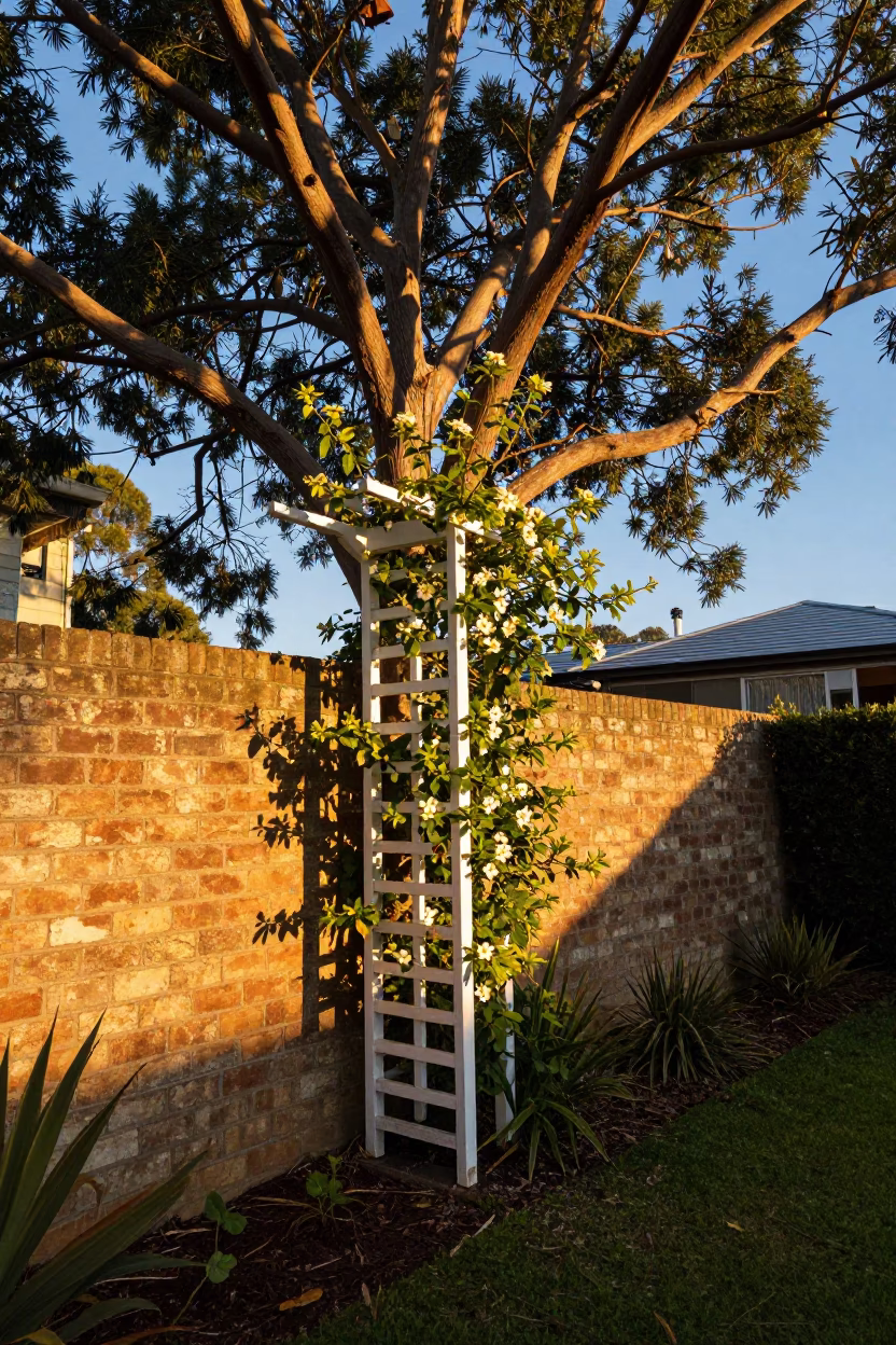 Late Afternoon Sunlight Illuminating Climbing Jasmine Trellis in Perth Western Australia Garden in in Perth, Western Australia, Australia