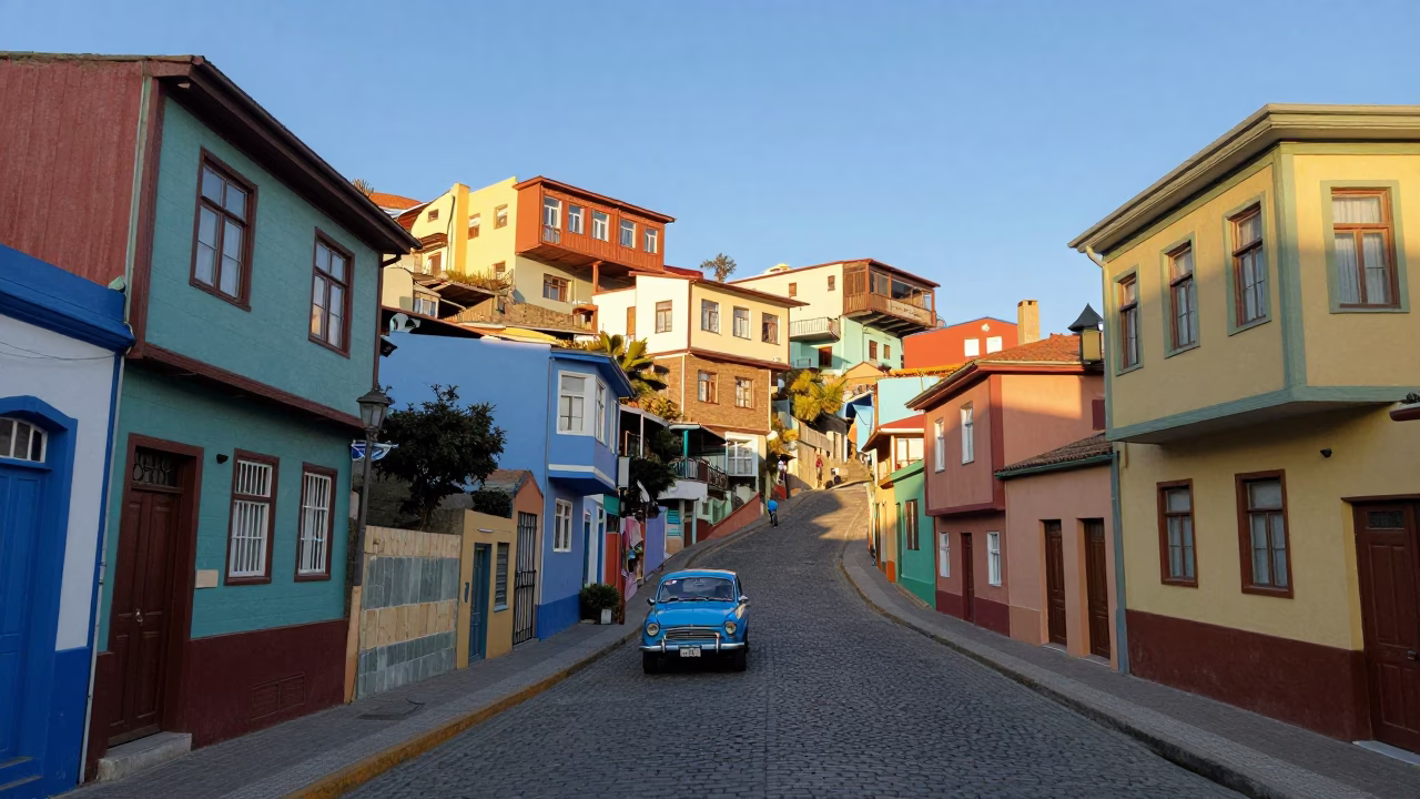 Late Afternoon Sunlight Illuminating Colorful Steep Streets and Vintage Vehicles in Valparaiso Chile in in Valparaiso, Chile