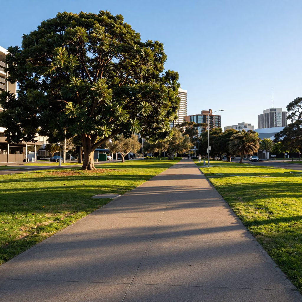 Late Afternoon Sunlight Illuminating Concrete Parkland and Urban Greenery in Adelaide South Australia in in Adelaide, South Australia, Australia