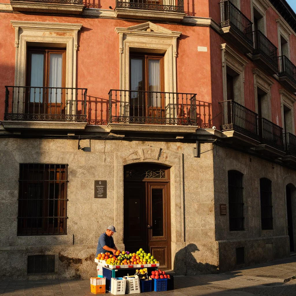 Late Afternoon Sunlight Illuminating Historic Architecture and Street Life in Madrid Spain in in Madrid, Spain